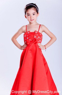 Taffeta Red A-line Straps Ankle-length Beaded Flower Girl Dress