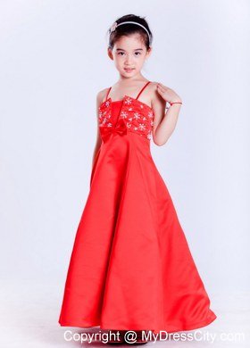 Taffeta Red A-line Straps Ankle-length Beaded Flower Girl Dress