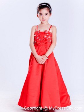 Taffeta Red A-line Straps Ankle-length Beaded Flower Girl Dress