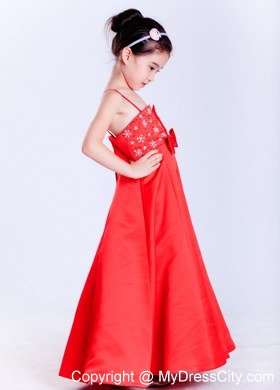 Taffeta Red A-line Straps Ankle-length Beaded Flower Girl Dress