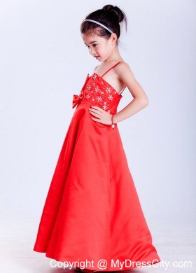 Taffeta Red A-line Straps Ankle-length Beaded Flower Girl Dress