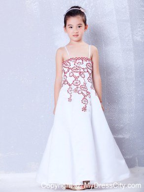 Satin Straps Embroidery Ankle-length Flower Girl Dress in White