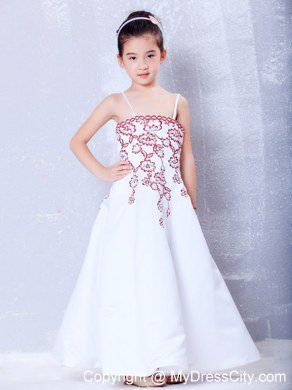 Satin Straps Embroidery Ankle-length Flower Girl Dress in White