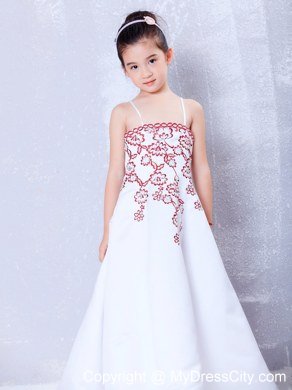 Satin Straps Embroidery Ankle-length Flower Girl Dress in White