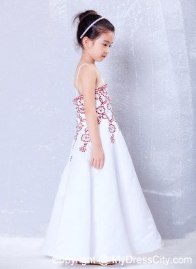 Satin Straps Embroidery Ankle-length Flower Girl Dress in White