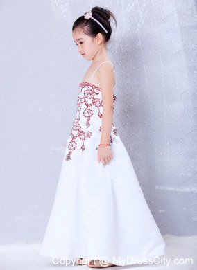 Satin Straps Embroidery Ankle-length Flower Girl Dress in White