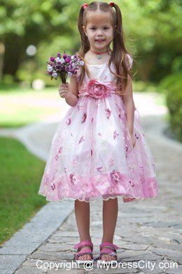 Hand Made Flowers White and Pink A-line Scoop Flower Girl Dress