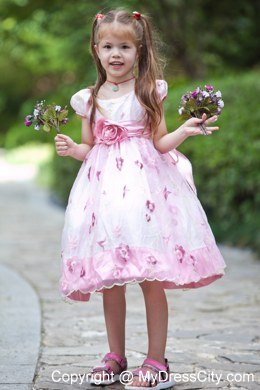 Hand Made Flowers White and Pink A-line Scoop Flower Girl Dress