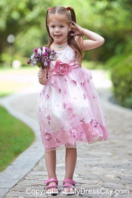 Hand Made Flowers White and Pink A-line Scoop Flower Girl Dress