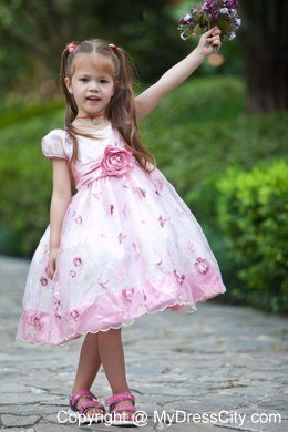 Hand Made Flowers White and Pink A-line Scoop Flower Girl Dress