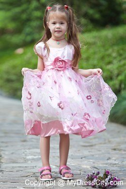 Hand Made Flowers White and Pink A-line Scoop Flower Girl Dress