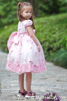 Hand Made Flowers White and Pink A-line Scoop Flower Girl Dress