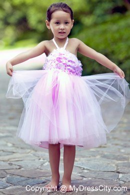 Pink Halter Short Tulle Floral Flower Girl Dress under 100