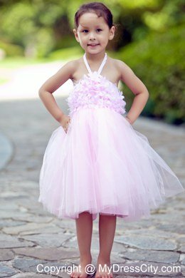 Pink Halter Short Tulle Floral Flower Girl Dress under 100