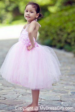 Pink Halter Short Tulle Floral Flower Girl Dress under 100