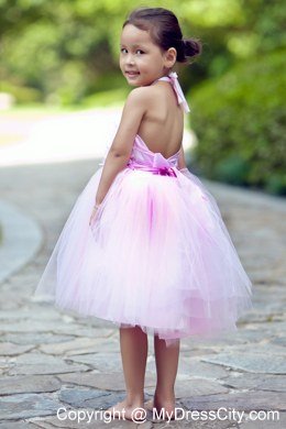 Pink Halter Short Tulle Floral Flower Girl Dress under 100