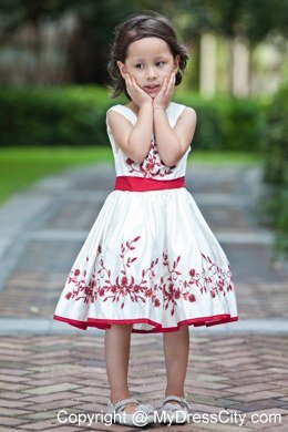 Embroidery White Tea-length Taffeta Flower Girl Dress Sashed