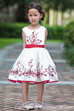 Embroidery White Tea-length Taffeta Flower Girl Dress Sashed