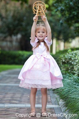 Tea-length Baby Pink Bow Flower Girl Dress with Short SleeveS