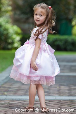 Tea-length Baby Pink Bow Flower Girl Dress with Short SleeveS