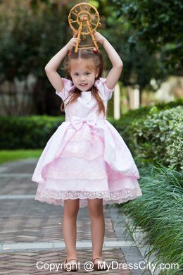 Tea-length Baby Pink Bow Flower Girl Dress with Short SleeveS