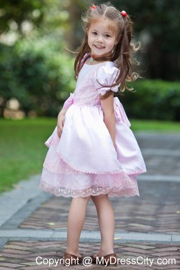 Tea-length Baby Pink Bow Flower Girl Dress with Short SleeveS