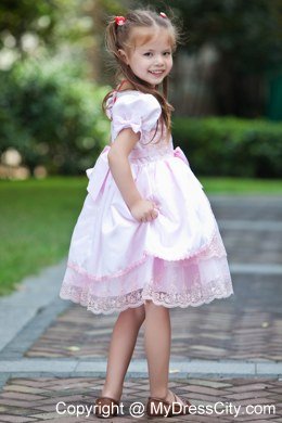 Tea-length Baby Pink Bow Flower Girl Dress with Short SleeveS