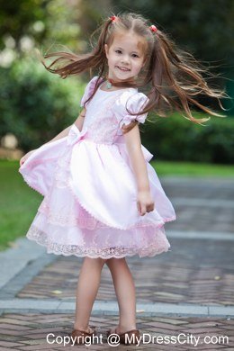 Tea-length Baby Pink Bow Flower Girl Dress with Short SleeveS