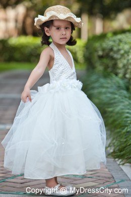 White Halter Open Back Ankle-length Flower Girl Dress Beaded