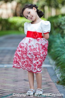 Printed White Scoop Short Floral Flower Girl Dress with Red Sash