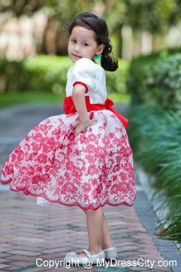 Printed White Scoop Short Floral Flower Girl Dress with Red Sash