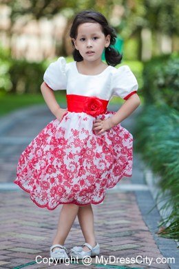 Printed White Scoop Short Floral Flower Girl Dress with Red Sash