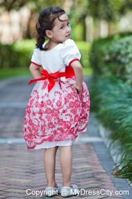 Printed White Scoop Short Floral Flower Girl Dress with Red Sash