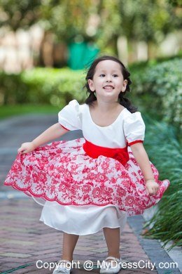 Printed White Scoop Short Floral Flower Girl Dress with Red Sash