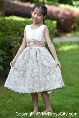 White and Champagne Scoop Lace Flower Girl Dress with Back Bow