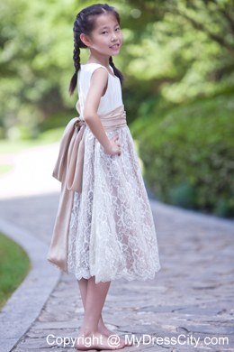 White and Champagne Scoop Lace Flower Girl Dress with Back Bow