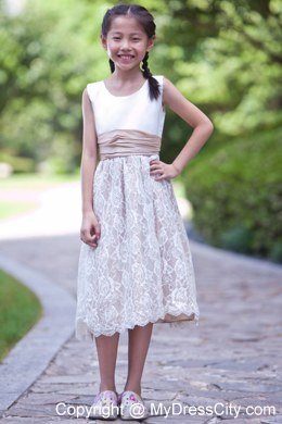 White and Champagne Scoop Lace Flower Girl Dress with Back Bow