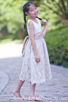 White and Champagne Scoop Lace Flower Girl Dress with Back Bow