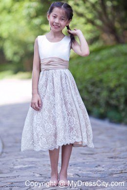 White and Champagne Scoop Lace Flower Girl Dress with Back Bow