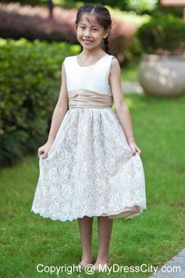 White and Champagne Scoop Lace Flower Girl Dress with Back Bow