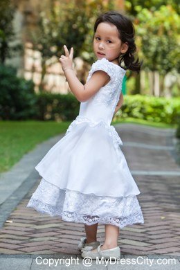 Taffeta Scoop Lace White Sleeves Ankle-length Flower Girl Dress