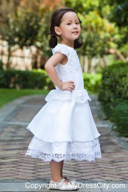 Taffeta Scoop Lace White Sleeves Ankle-length Flower Girl Dress