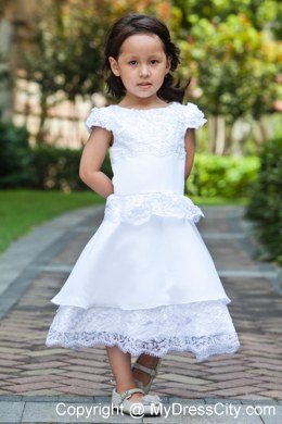 Taffeta Scoop Lace White Sleeves Ankle-length Flower Girl Dress