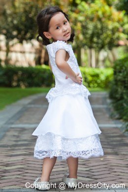 Taffeta Scoop Lace White Sleeves Ankle-length Flower Girl Dress