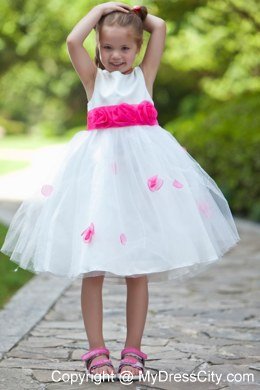 Handle Flowers White Scoop Flower Girl Dress with Sash under 100