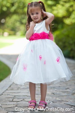 Handle Flowers White Scoop Flower Girl Dress with Sash under 100