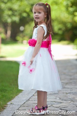 Handle Flowers White Scoop Flower Girl Dress with Sash under 100