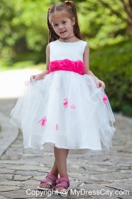 Handle Flowers White Scoop Flower Girl Dress with Sash under 100