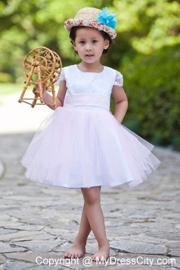 White and Pink Short Scoop Flower Girl Dress with Cap Sleeves