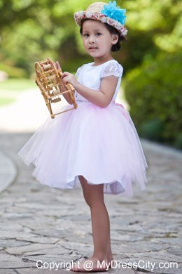 White and Pink Short Scoop Flower Girl Dress with Cap Sleeves